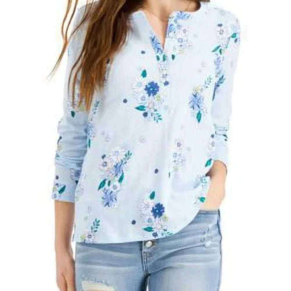 NEW! Style‎ & Co Floral Top Long Sleeve Cotton Shirt Half Buttons Size PP